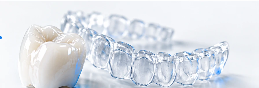 Render de una corona dental cerámica junto a un alineador transparente