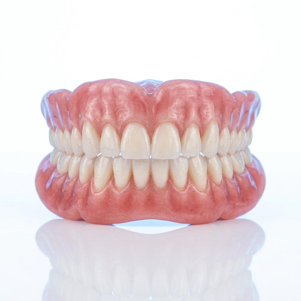Prótesis total con encía rosa y dientes blancos